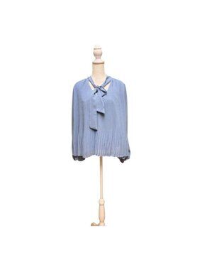MNG Mango Pleated Tie Neck Blouse Blue Long Sleeve Sheer Top Womens Size M